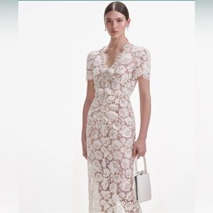 self-portrait Cream Fine Lace Pearl Midi Dress - Size US10 - MSRP $615 - NWT
